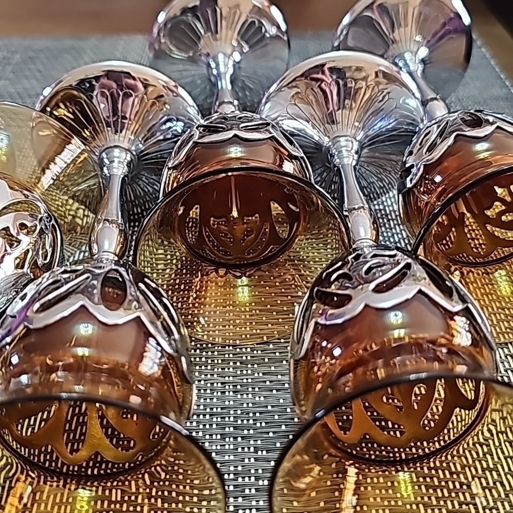 Vintage Farber Brothers Amber Silver Stems Glassware 6 Cordial Sherry Glasses - Picture 10 of 10
